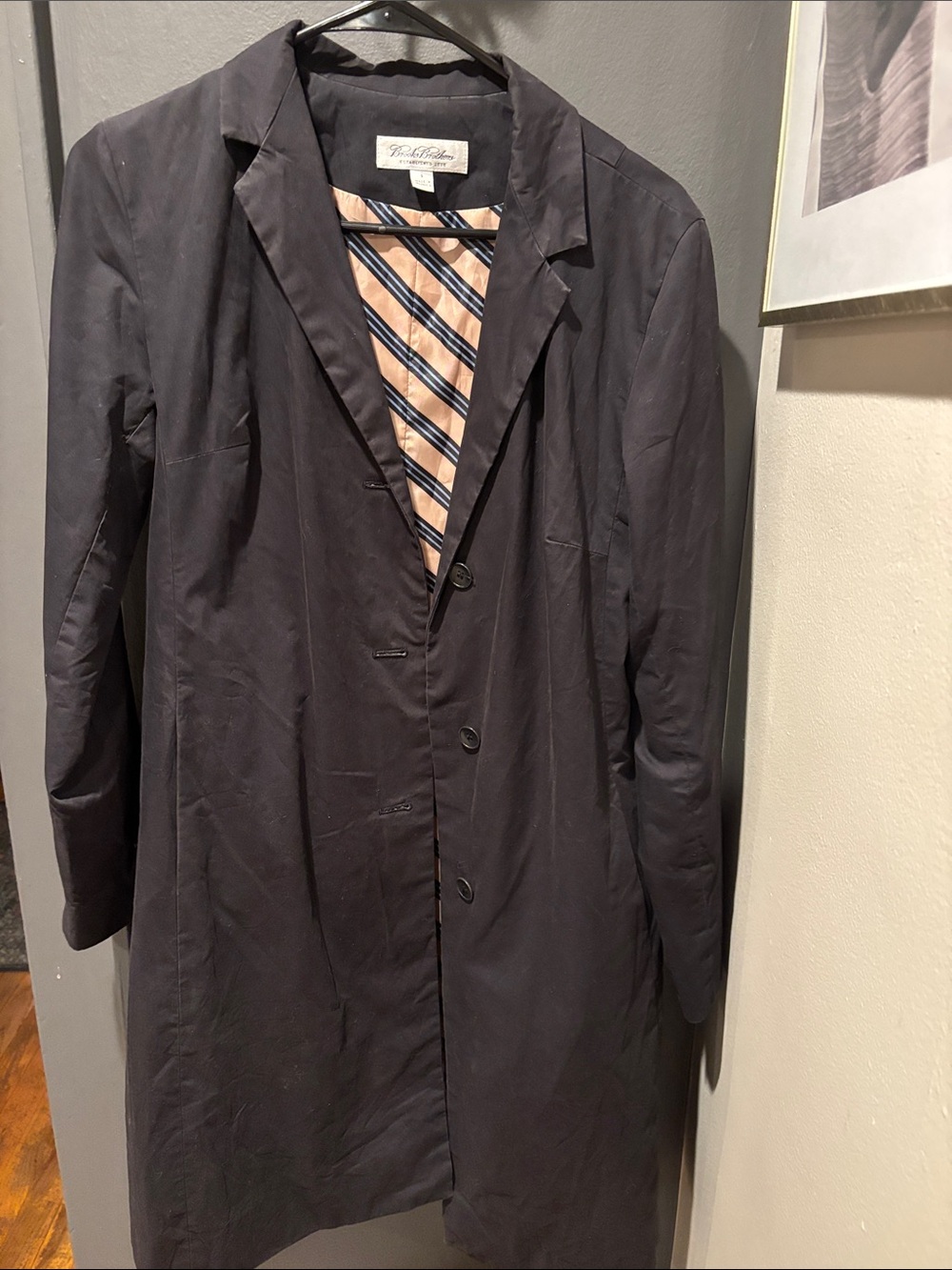 Brooks Brothers Black Single-Breasted Trench Coat with Striped Lining